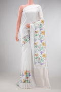 Off White Dual Tone Double Ikat Saree with Plain Body and Ikat Border.  displayed on a mannequin