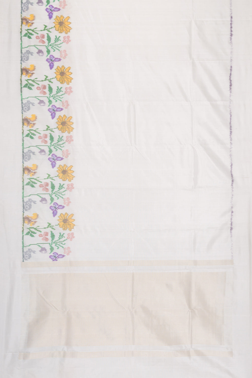 Flat view of Off White Dual Tone Double Ikat Saree with Plain Body and Ikat Border. 