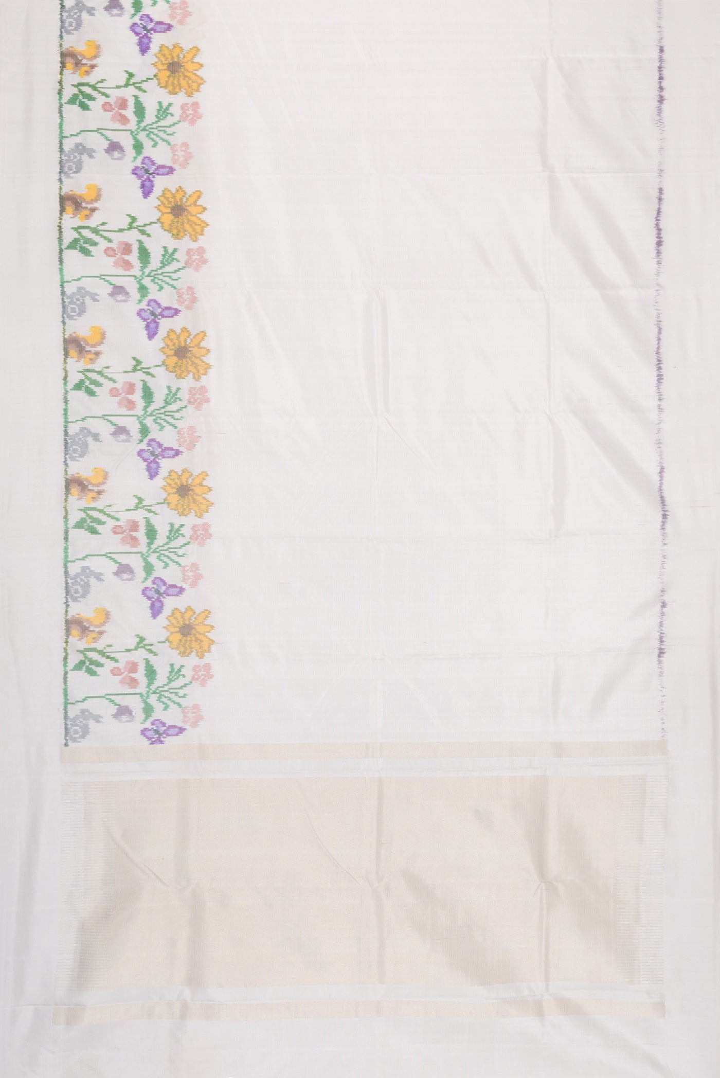 Flat view of Off White Dual Tone Double Ikat Saree with Plain Body and Ikat Border. 