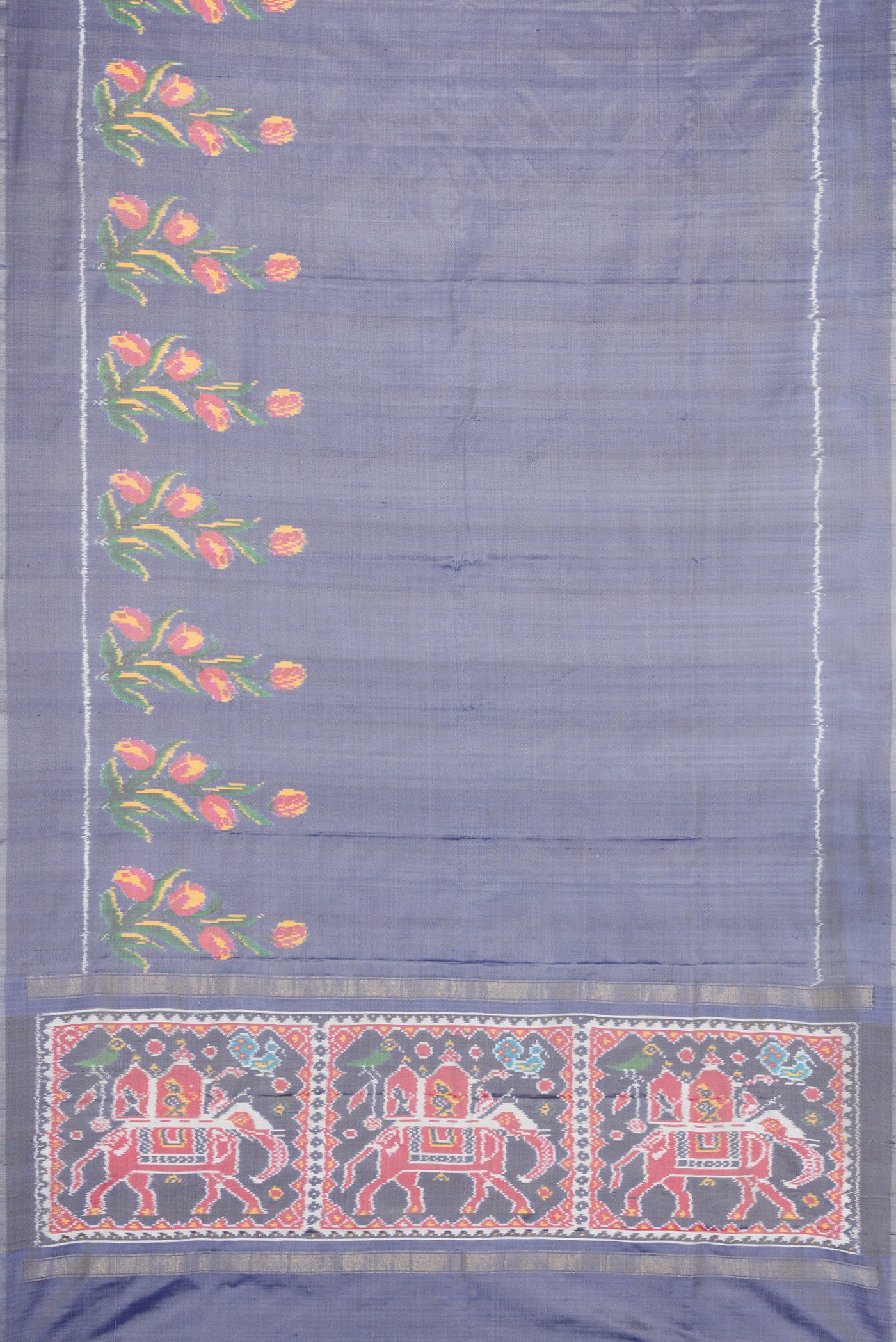 Flat view of Grey Dual Tone Double Ikat Saree with Plain Body and Fancy Border. 