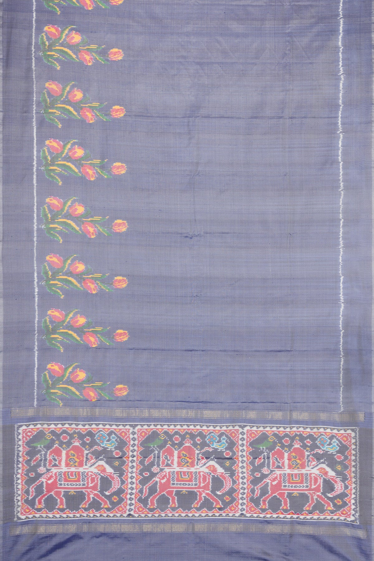 Flat view of Grey Dual Tone Double Ikat Saree with Plain Body and Fancy Border. 