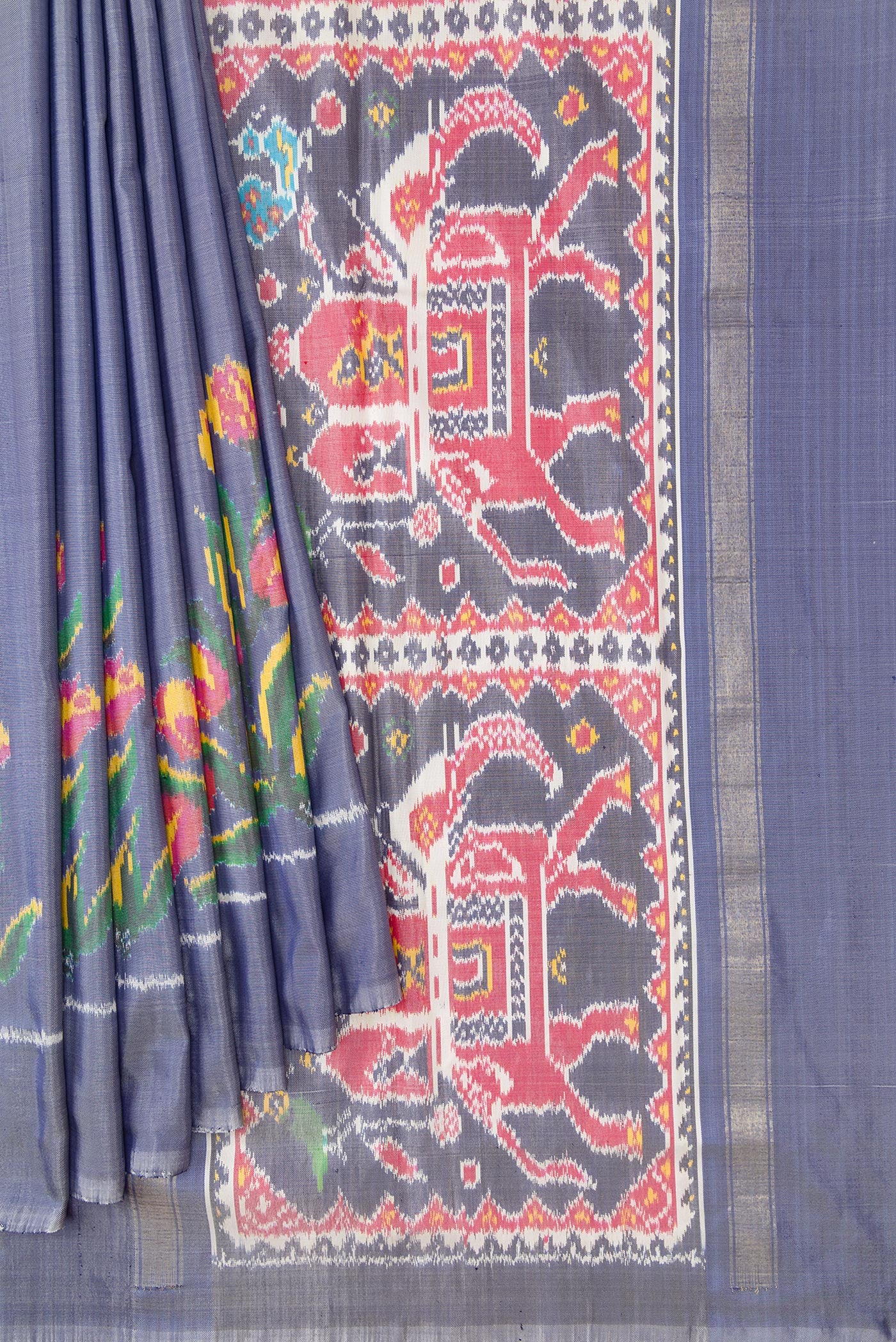 Pleats and pallu of Grey Dual Tone Double Ikat Saree with Plain Body and Fancy Border. 