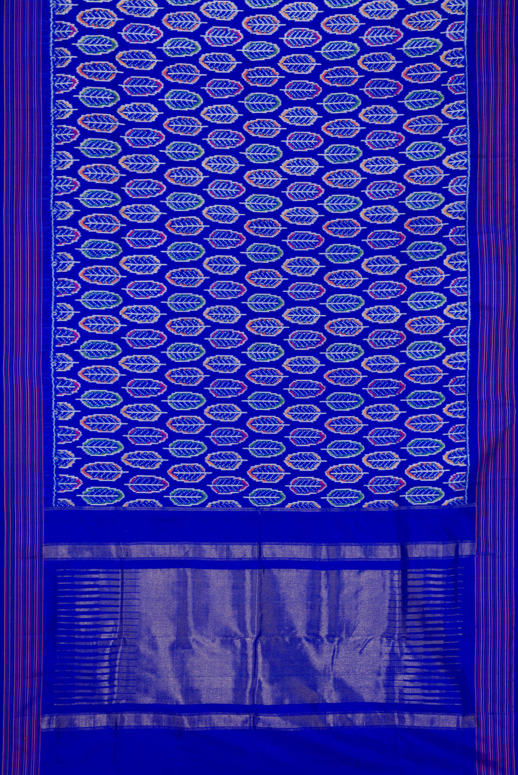 Flat view of Royal Blue Dual Tone Double Ikat Saree with Ikat Print on the body and Thread Border. 