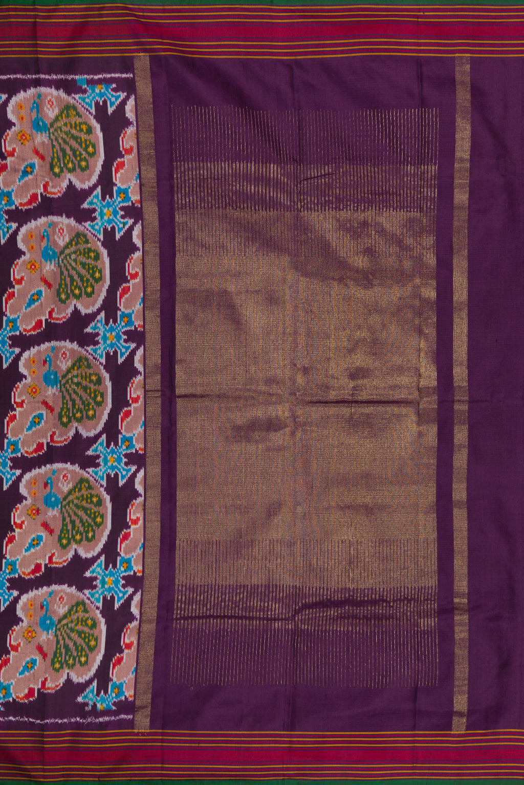 Close up image of the pallu of Burgundy Dual Tone Double Ikat Saree with Ikat Print on the body and Thread Border. 