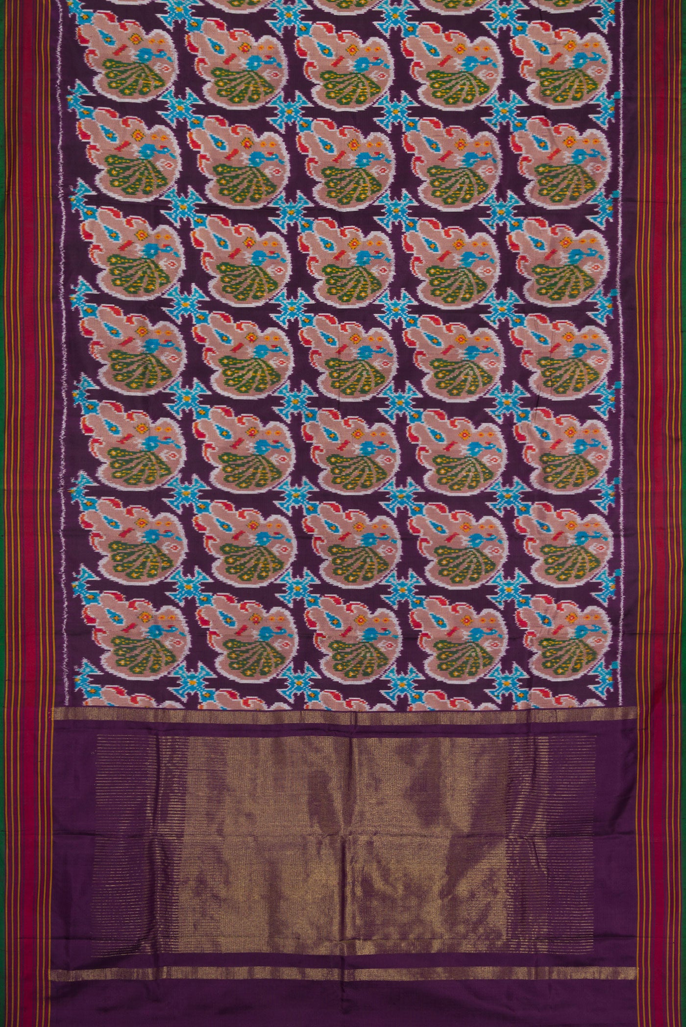 Flat view of Burgundy Dual Tone Double Ikat Saree with Ikat Print on the body and Thread Border. 