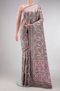 Grey Dual Tone Double Ikat Saree with Ikat Print on the body and Thread Border.  displayed on a mannequin