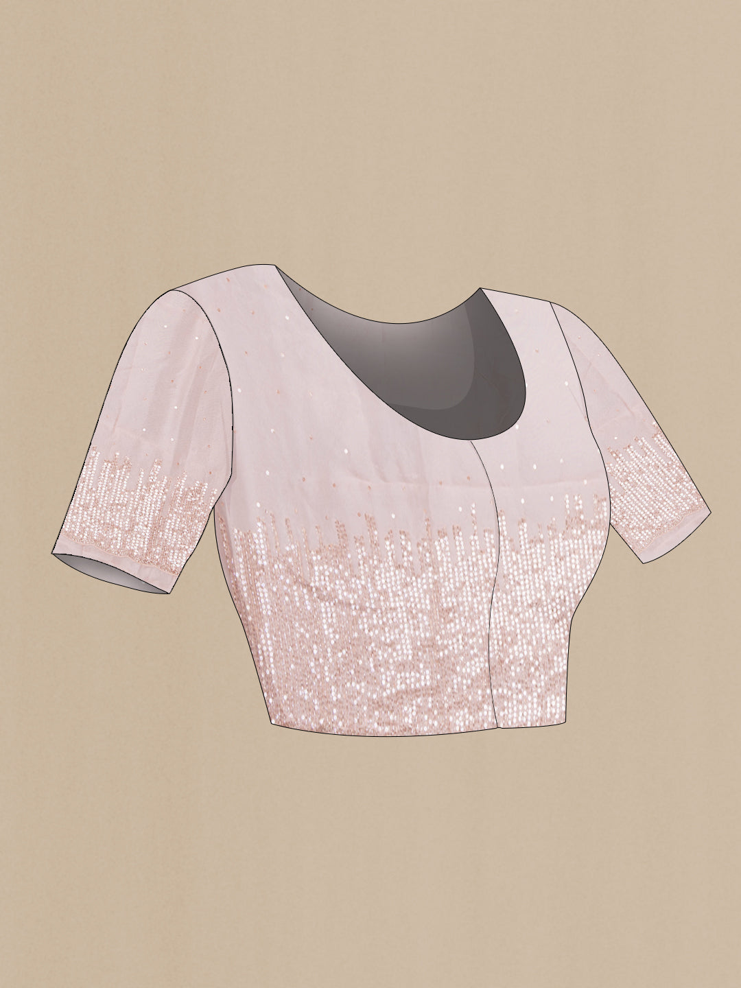 Close up image of the blouse of Peach Organza Saree with Embroidery on the body and Embroidery Border. 