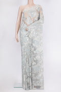Blue Grey Dual Tone Organza Saree with Embroidery on the body and Embroidery Border.  displayed on a mannequin