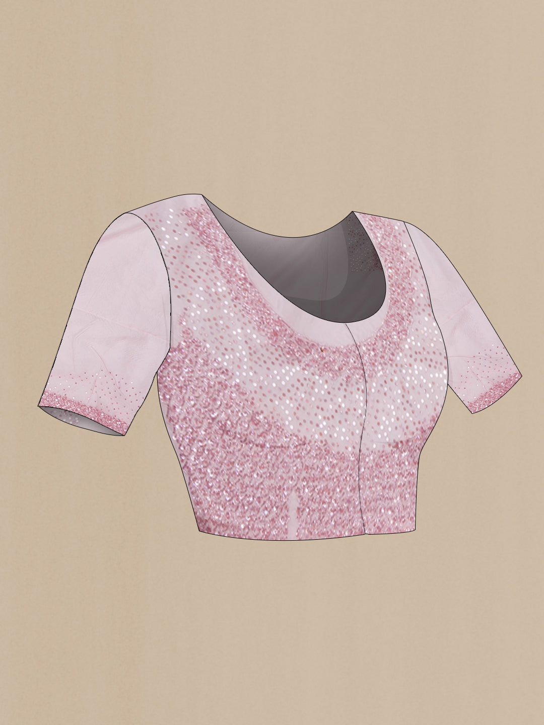 Close up image of the blouse of Pink Organza Saree with Embroidery on the body and Embroidery Border. 