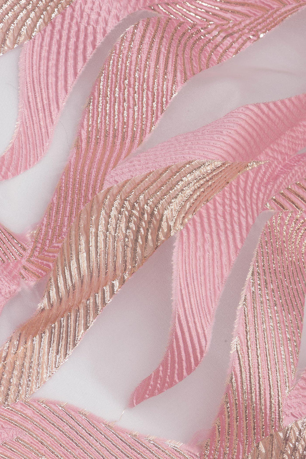 Close up of Pink Organza Saree with Embroidery on the body and Embroidery Border.  displaying folds