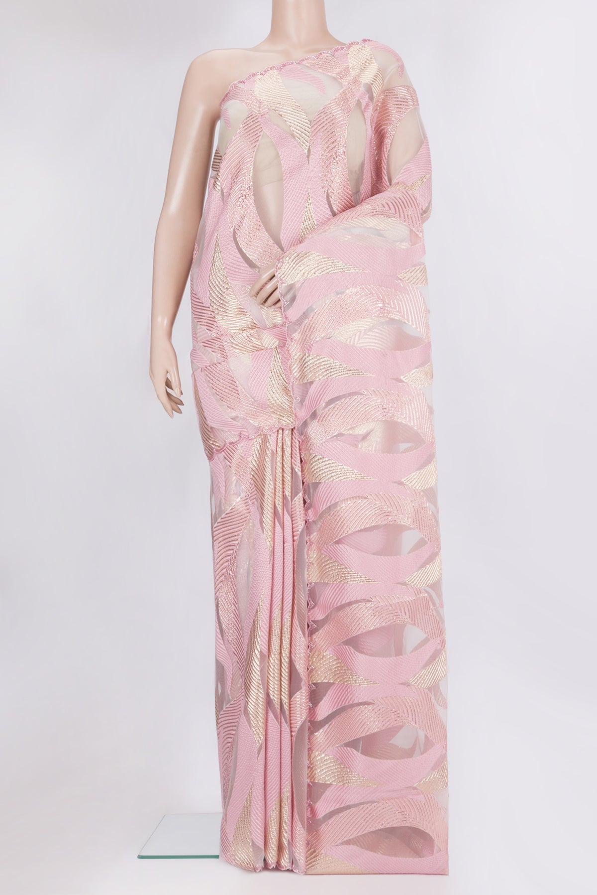 Pink Organza Saree with Embroidery on the body and Embroidery Border.  displayed on a mannequin