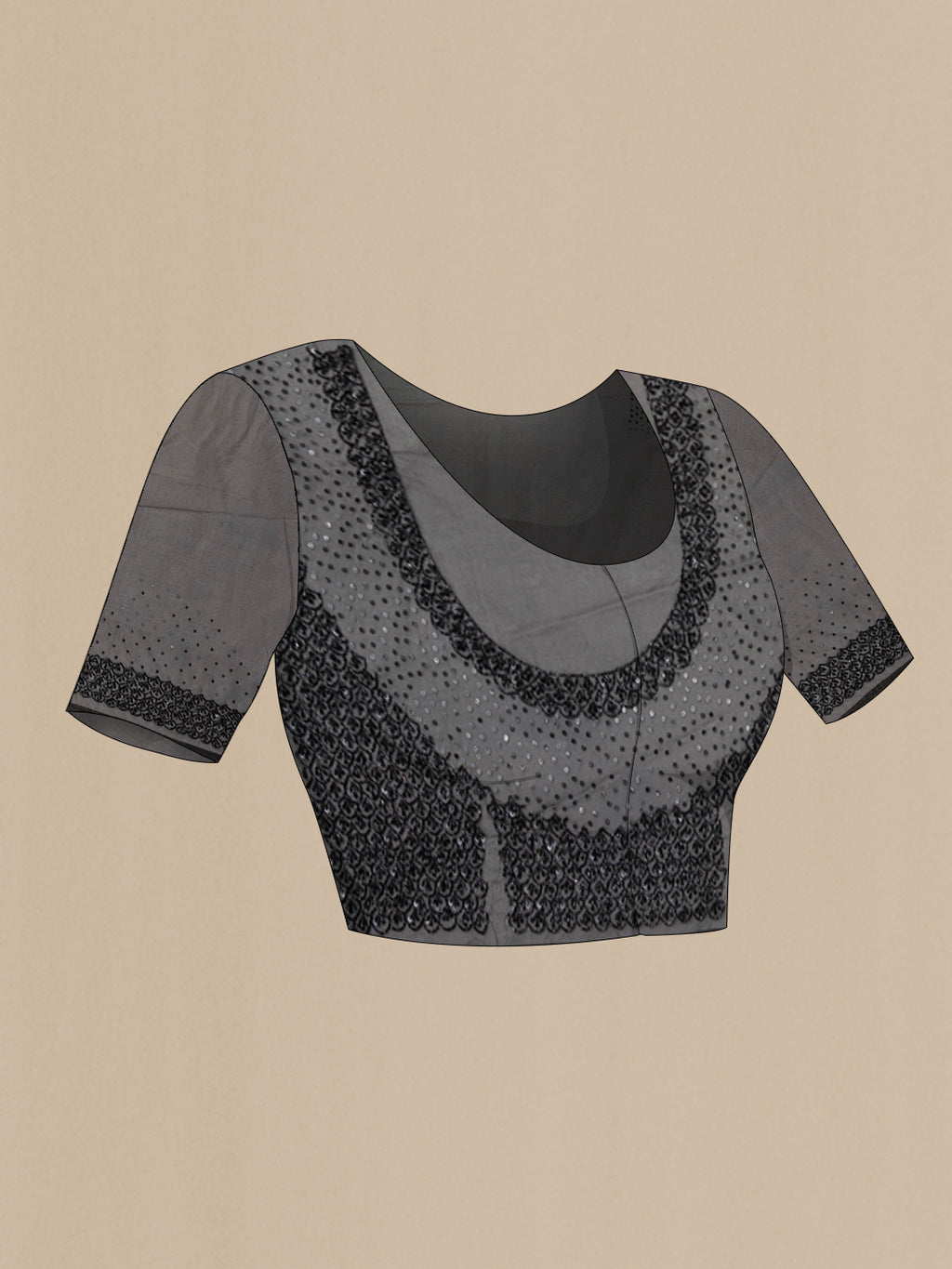 Close up image of the blouse of Black Organza Saree with Embroidery on the body and Embroidery Border. 