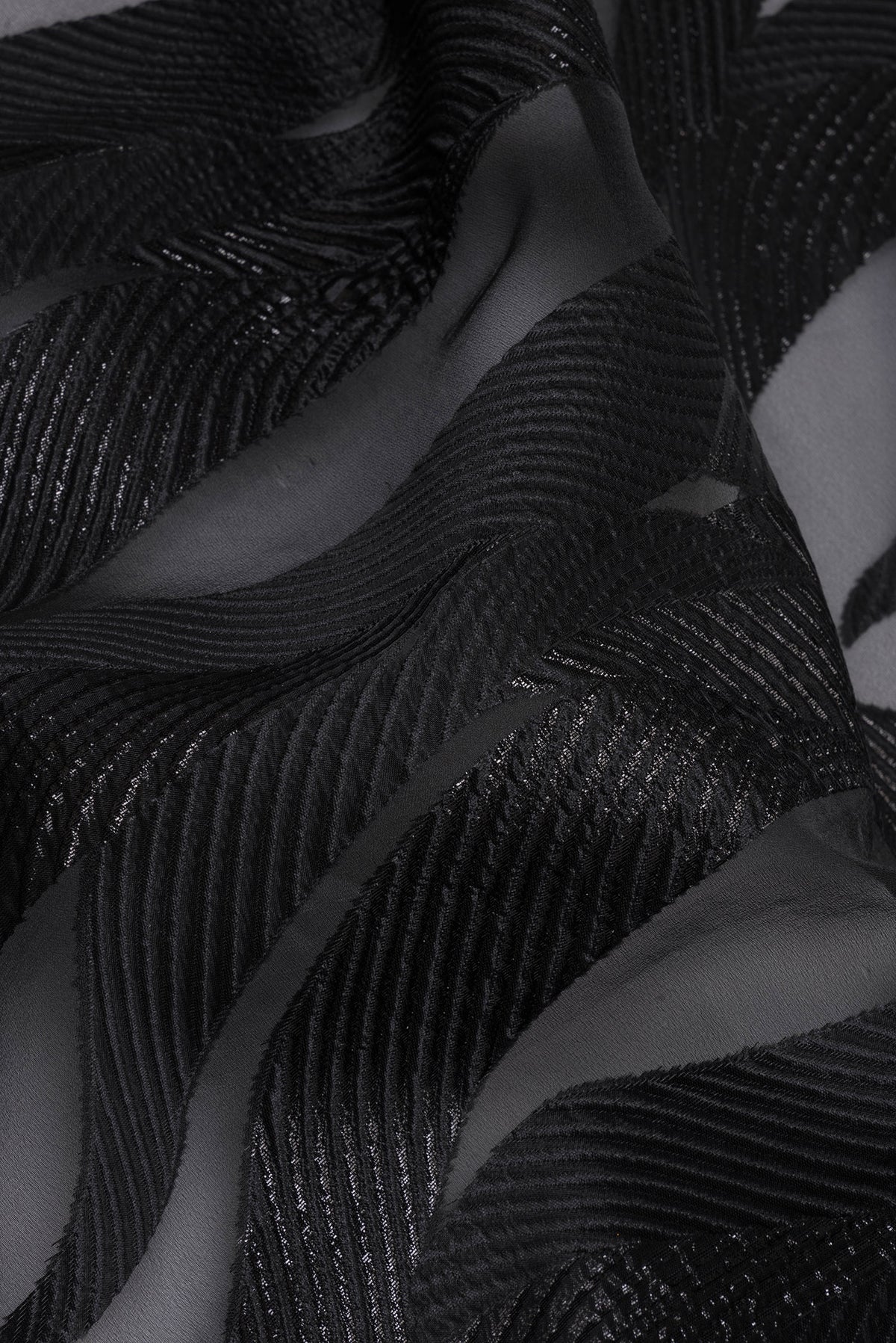 Close up of Black Organza Saree with Embroidery on the body and Embroidery Border.  displaying folds