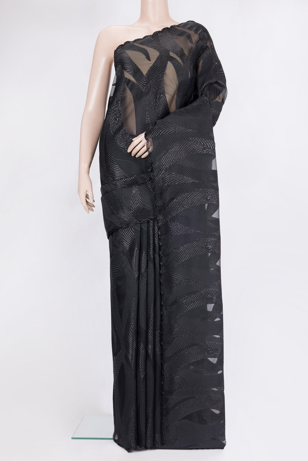 Black Organza Saree with Embroidery on the body and Embroidery Border.  displayed on a mannequin