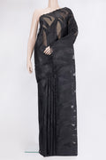 Black Organza Saree with Embroidery on the body and Embroidery Border.  displayed on a mannequin