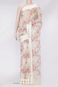 Off White Organza Silk Saree with Floral Print on the body and Plain Border.  displayed on a mannequin