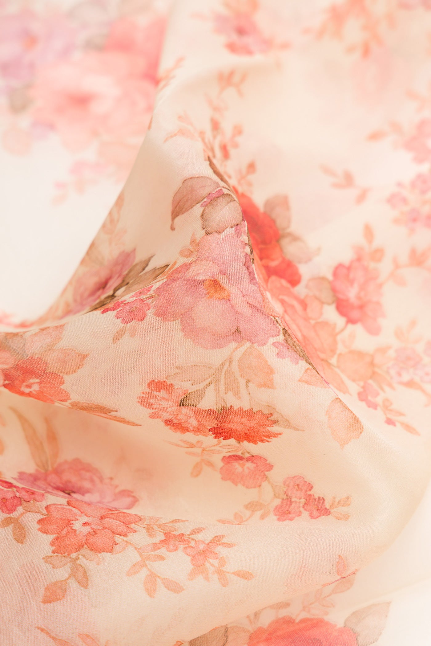 Close up of Sandal Dual Tone Organza Silk Saree with Printed design on the body and Zari And Thread Border.  displaying folds