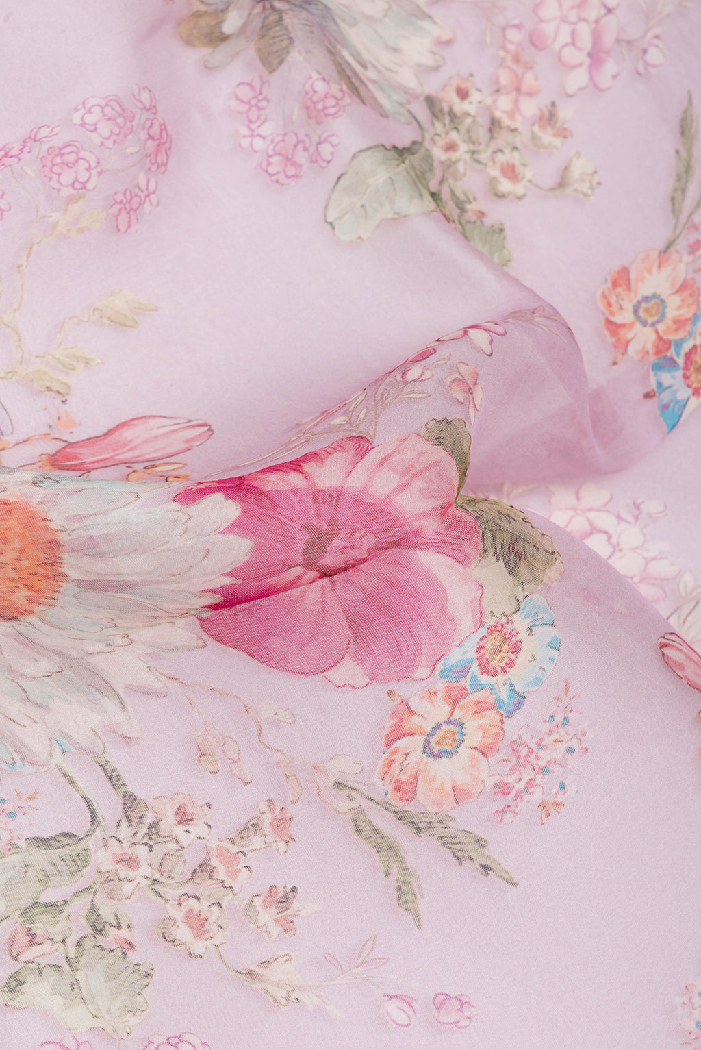 Close up of Rose pink Organza Silk Saree with Floral Print on the body and Plain Border.  displaying folds