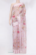 Rose pink Organza Silk Saree with Floral Print on the body and Plain Border.  displayed on a mannequin