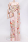 Rose Gold Dual Tone Organza Silk Saree with Stripes on the body and Thread Border.  displayed on a mannequin