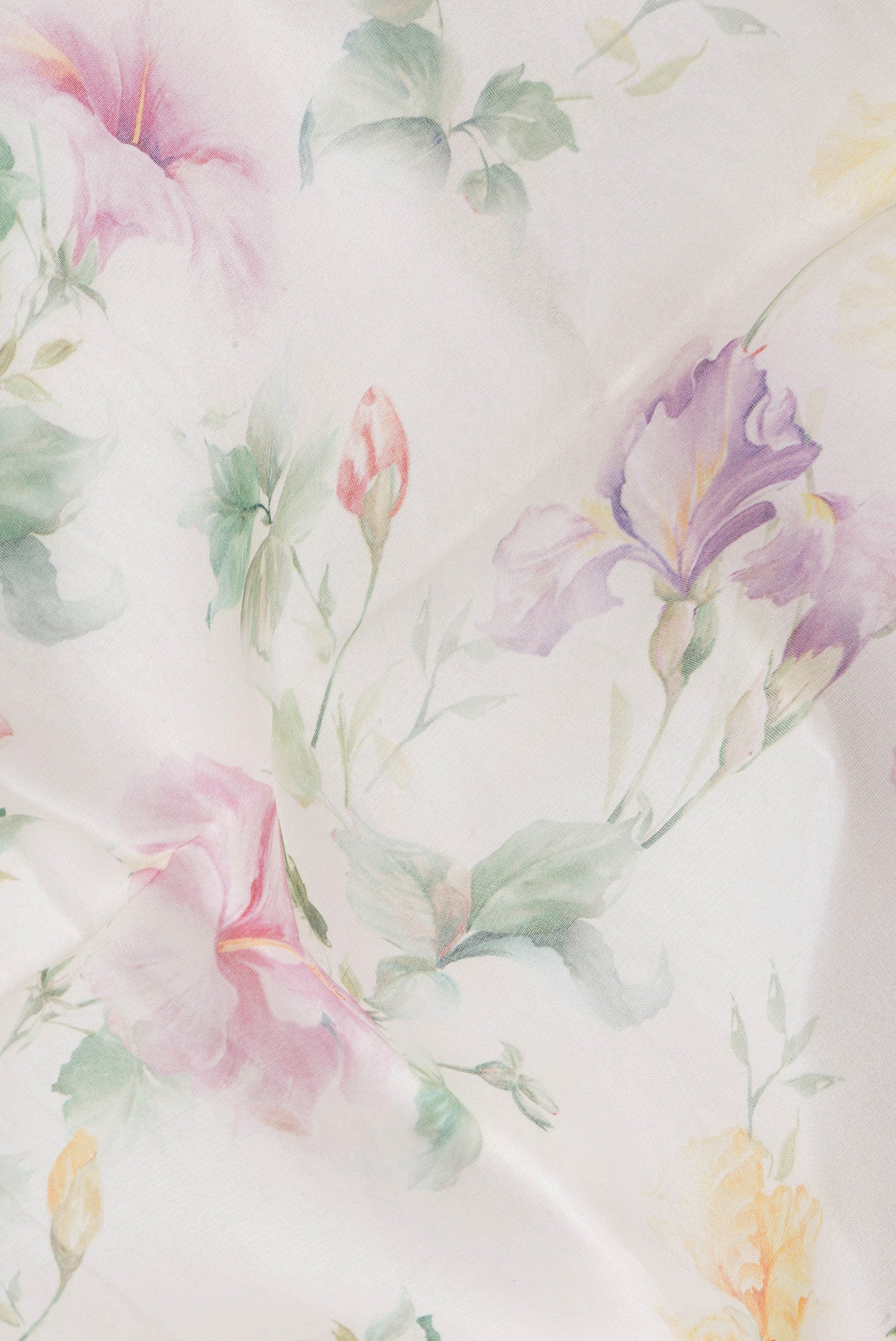 Close up of Beige Dual Tone Organza Silk Saree with Printed design on the body and Zari Border.  displaying folds