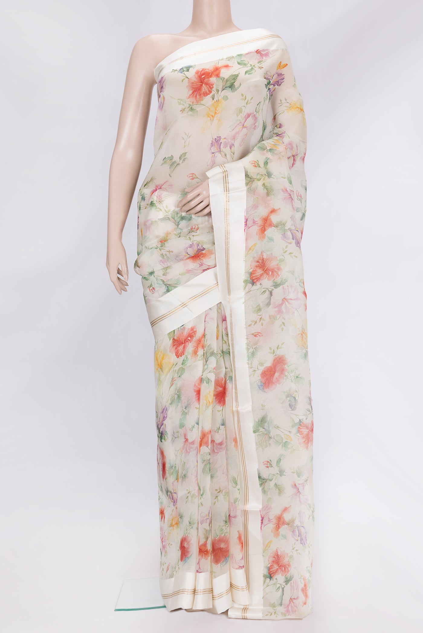 Beige Dual Tone Organza Silk Saree with Printed design on the body and Zari Border.  displayed on a mannequin
