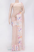 Rose Gold Dual Tone Organza Silk Saree with Plain Body and Printed Border.  displayed on a mannequin