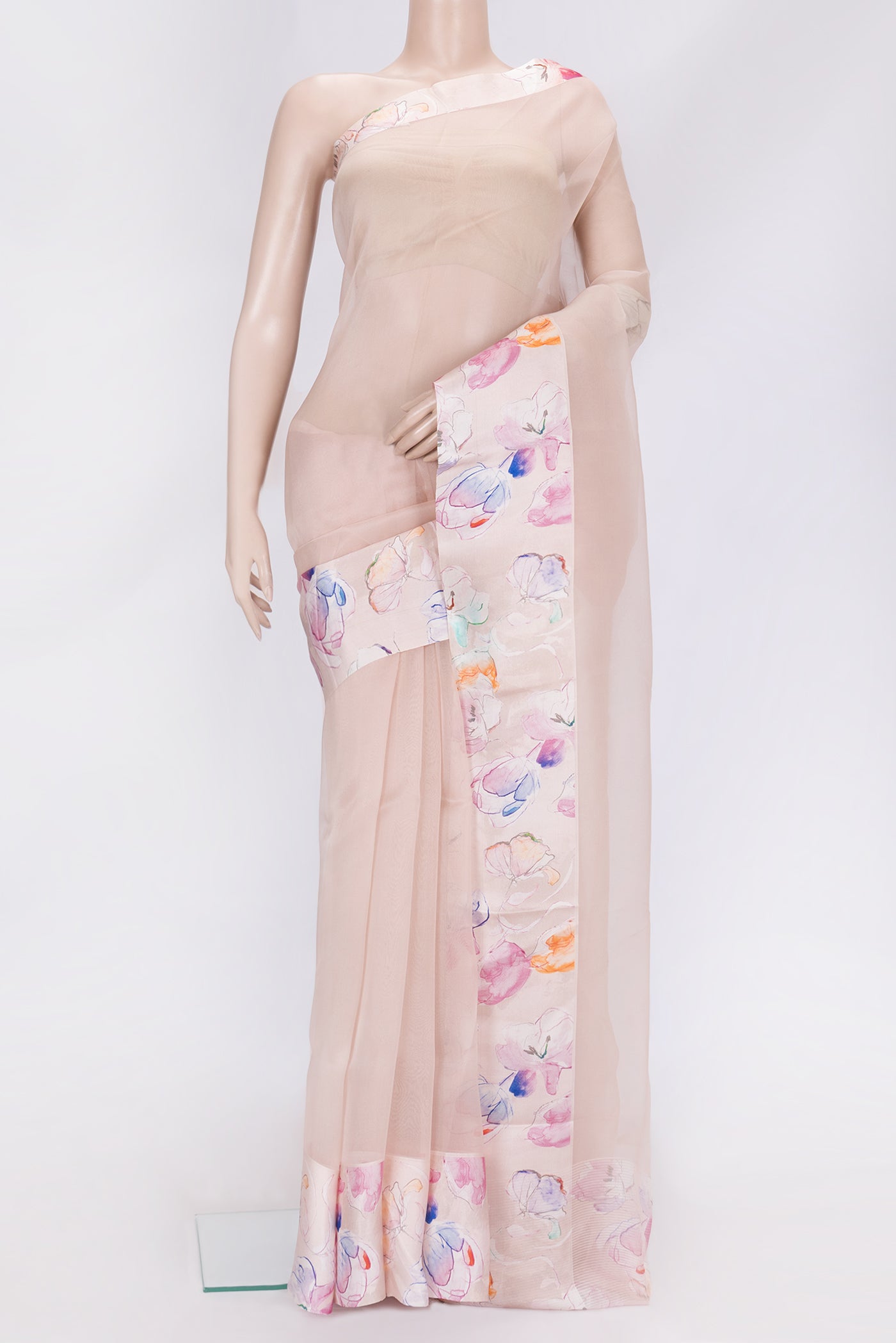 Rose Gold Dual Tone Organza Silk Saree with Plain Body and Printed Border.  displayed on a mannequin