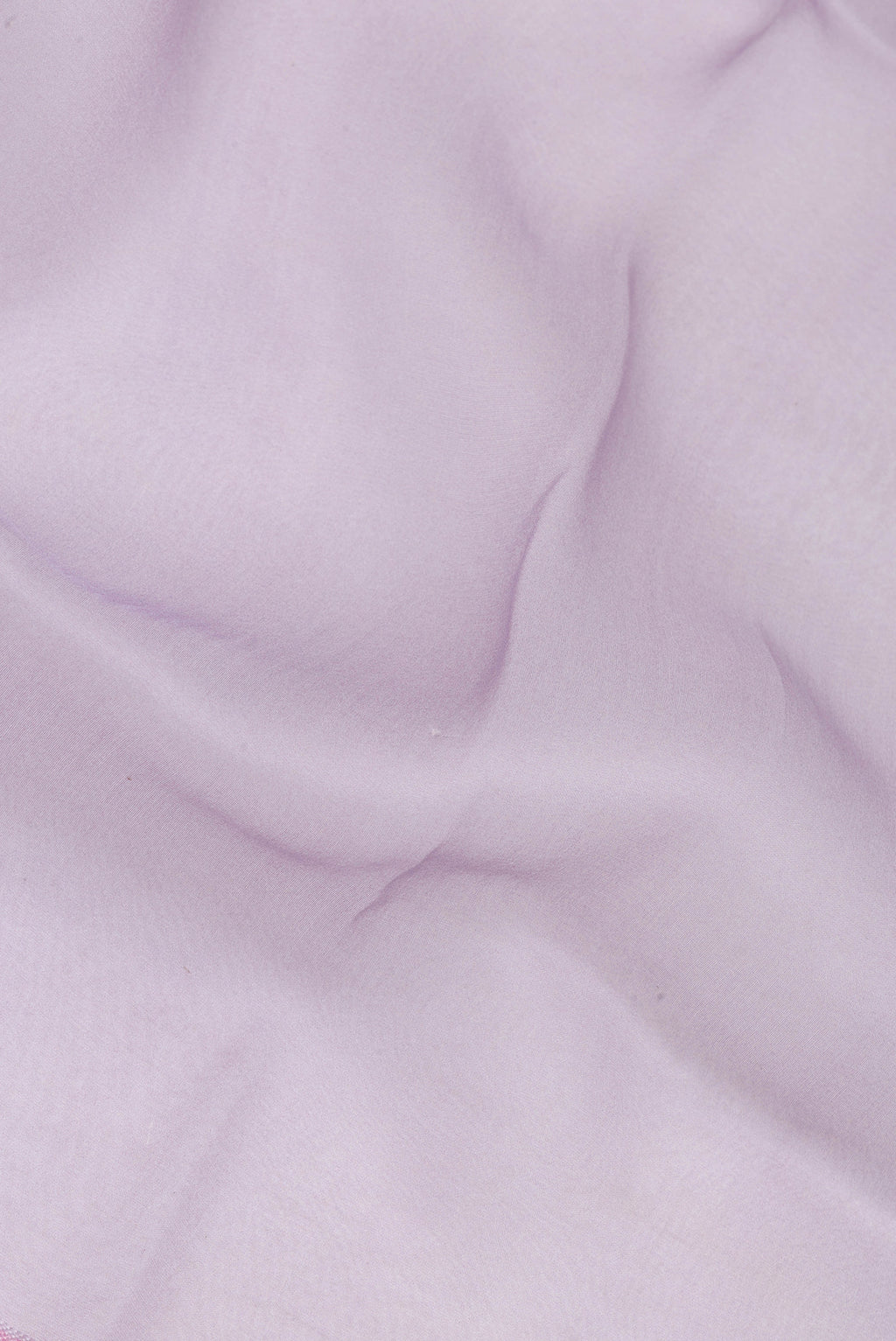 Close up of Lavender Organza Silk Saree with Plain Body and Printed Border.  displaying folds