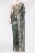 Green Organza Silk Saree with Plain Body and Printed Border.  displayed on a mannequin