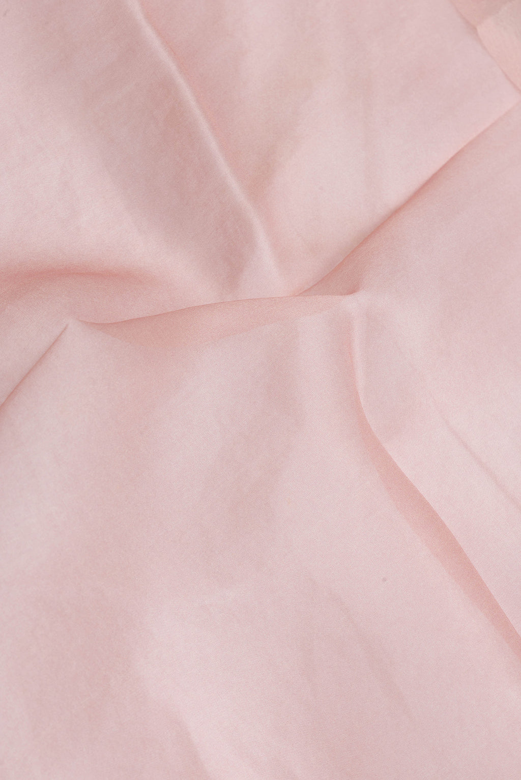 Close up of Rose Gold Dual Tone Organza Silk Saree with Plain Body and Printed Border.  displaying folds