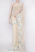 Beige Organza Silk Saree with Plain Body and Printed Border.  displayed on a mannequin