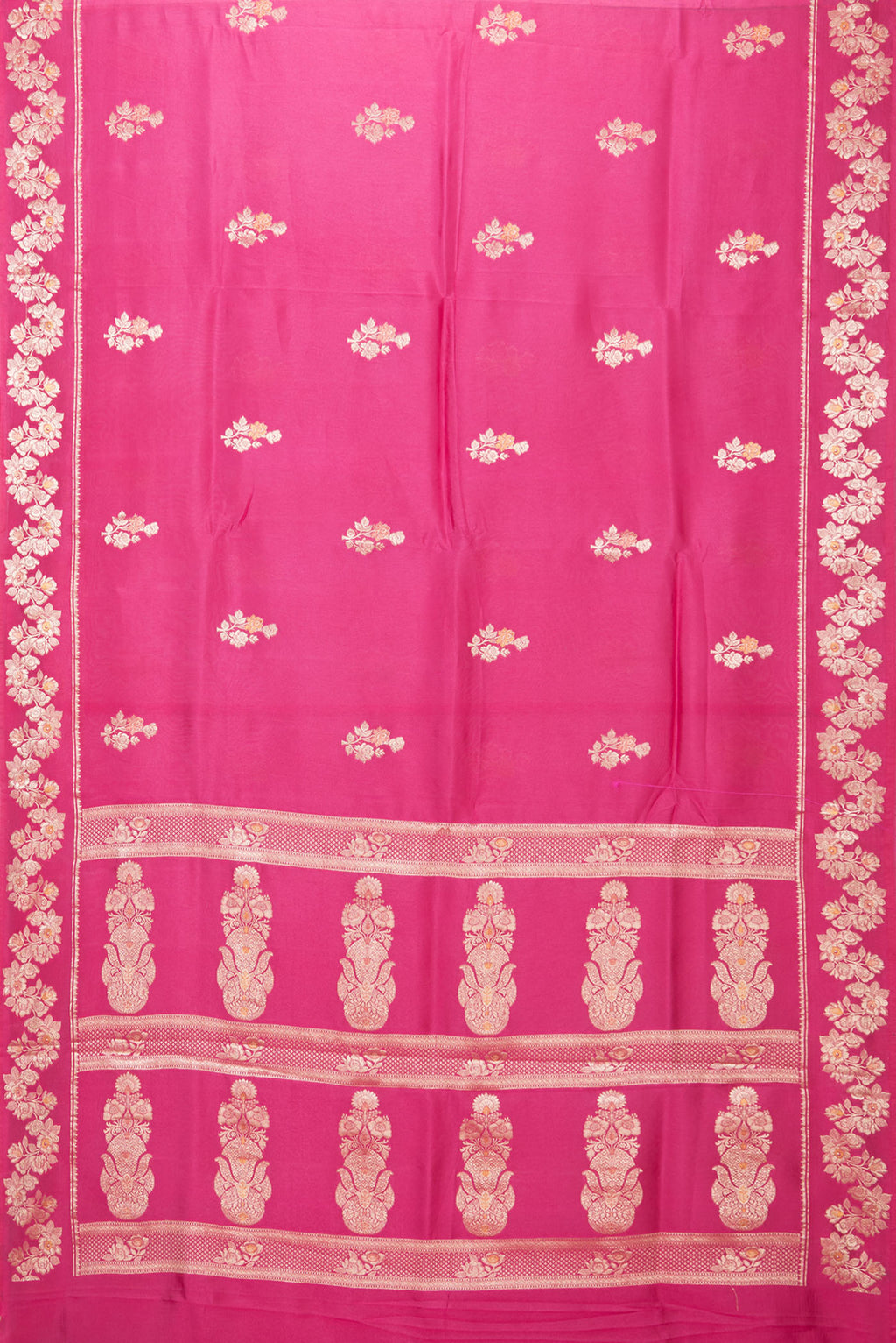 Flat view of Magenta Dual Tone Tussar Silk Saree with Zari Butta on the body and Fancy Border. 