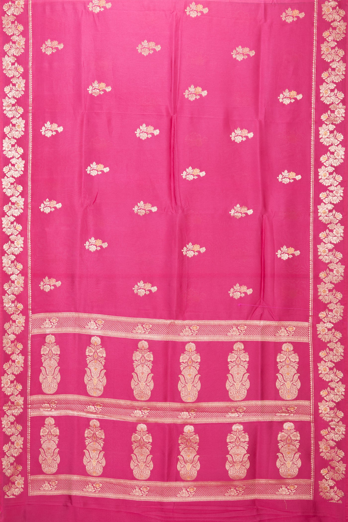 Flat view of Magenta Dual Tone Tussar Silk Saree with Zari Butta on the body and Fancy Border. 