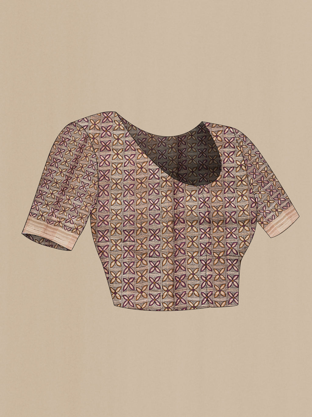 Close up image of the blouse of Beige and Pink Color Tussar Silk Saree with Checked design on the body and Zari Border. 
