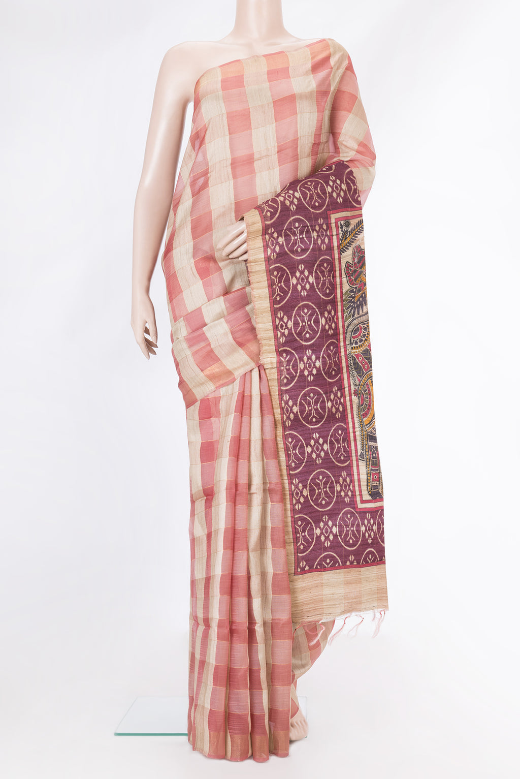 Beige and Pink Color Tussar Silk Saree with Checked design on the body and Zari Border.  displayed on a mannequin