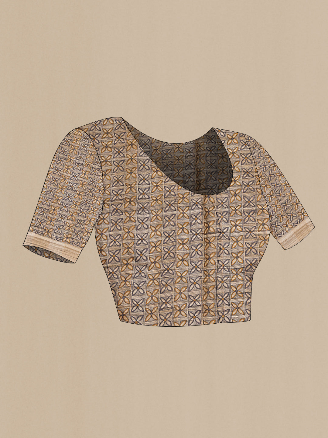 Close up image of the blouse of Beige Tussar Silk Saree with Checked design on the body and Without Border. 