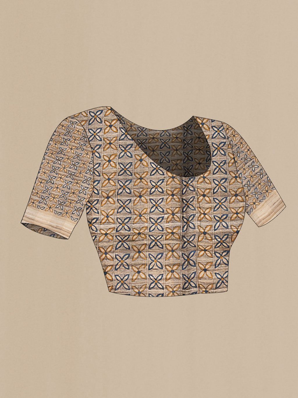 Close up image of the blouse of Multi Color Tussar Saree with Checked design on the body and Zari Border. 