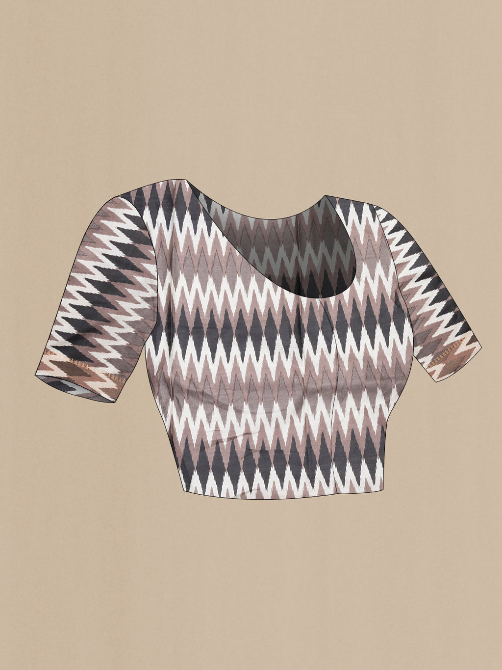 Close up image of the blouse of Grey Tussar Saree with Thread Butta on the body and Ikat Border. 