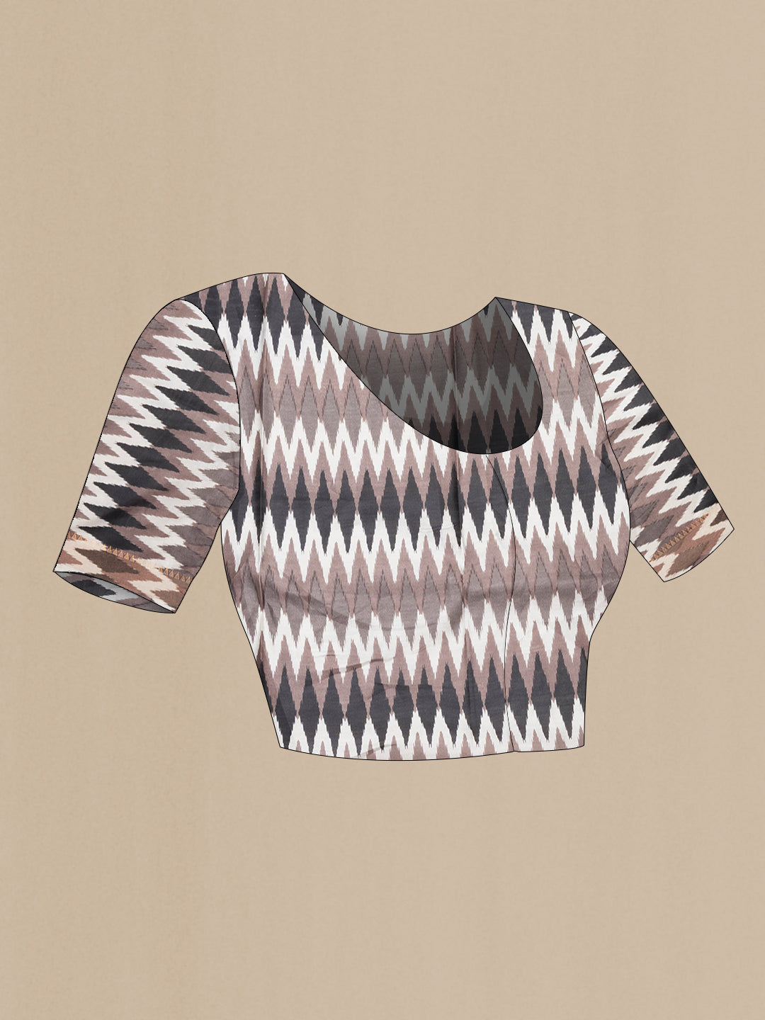 Close up image of the blouse of Grey Tussar Saree with Thread Butta on the body and Ikat Border. 