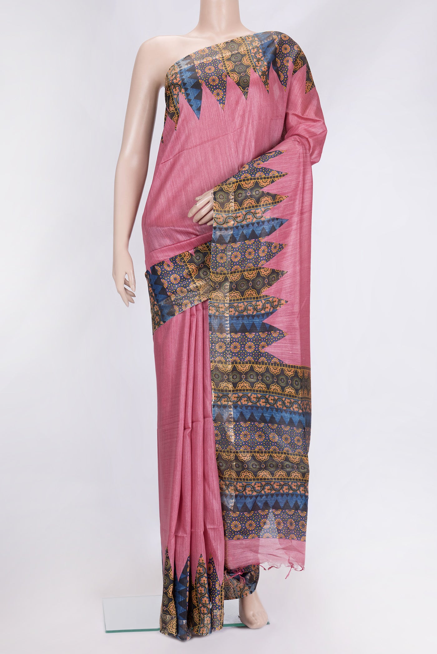 Pink Dual Tone Tussar Silk Saree with Plain Body and Fancy Border.  displayed on a mannequin