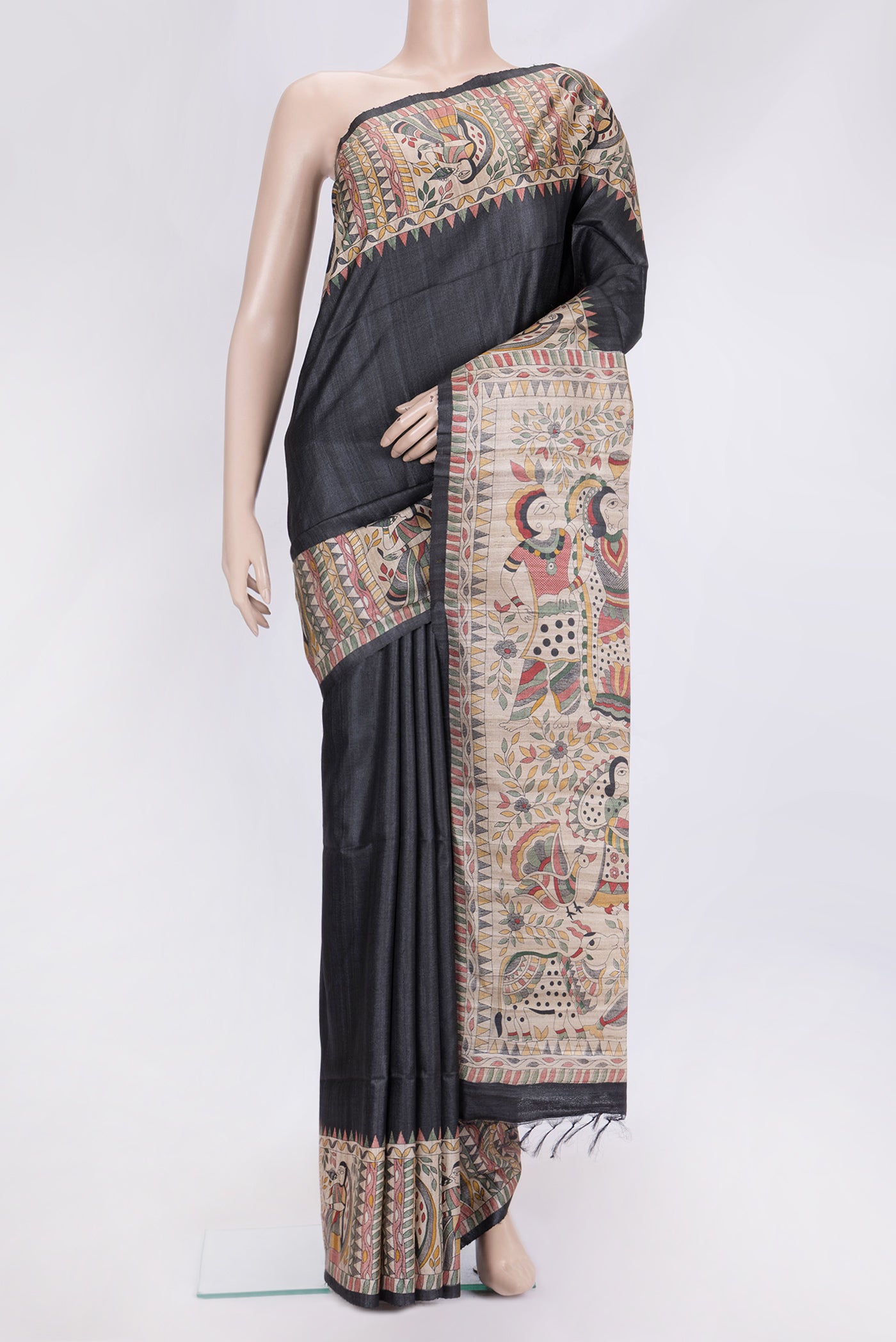Black Dual Tone Tussar Silk Saree with Plain Body and Fancy Border.  displayed on a mannequin