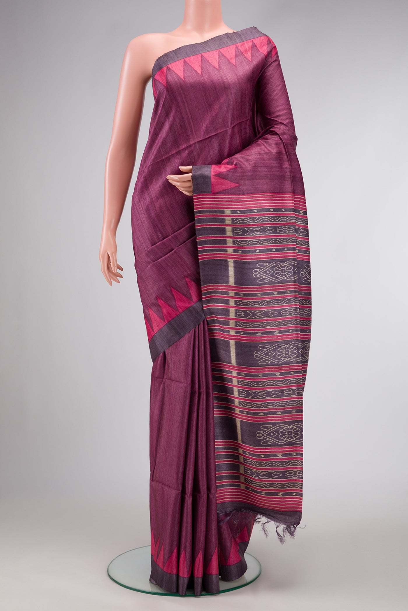 Purple Dual Tone Tussar Silk Saree with Plain Body and Temple Border.  displayed on a mannequin