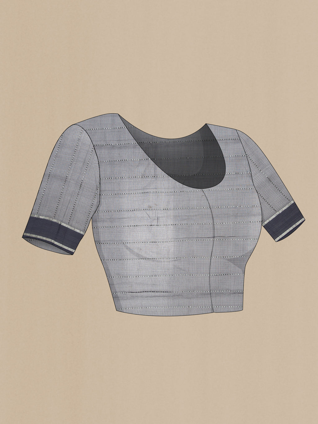 Close up image of the blouse of Grey Dual Tone Kota Silk Saree with Checked design on the body and Zari Border. 