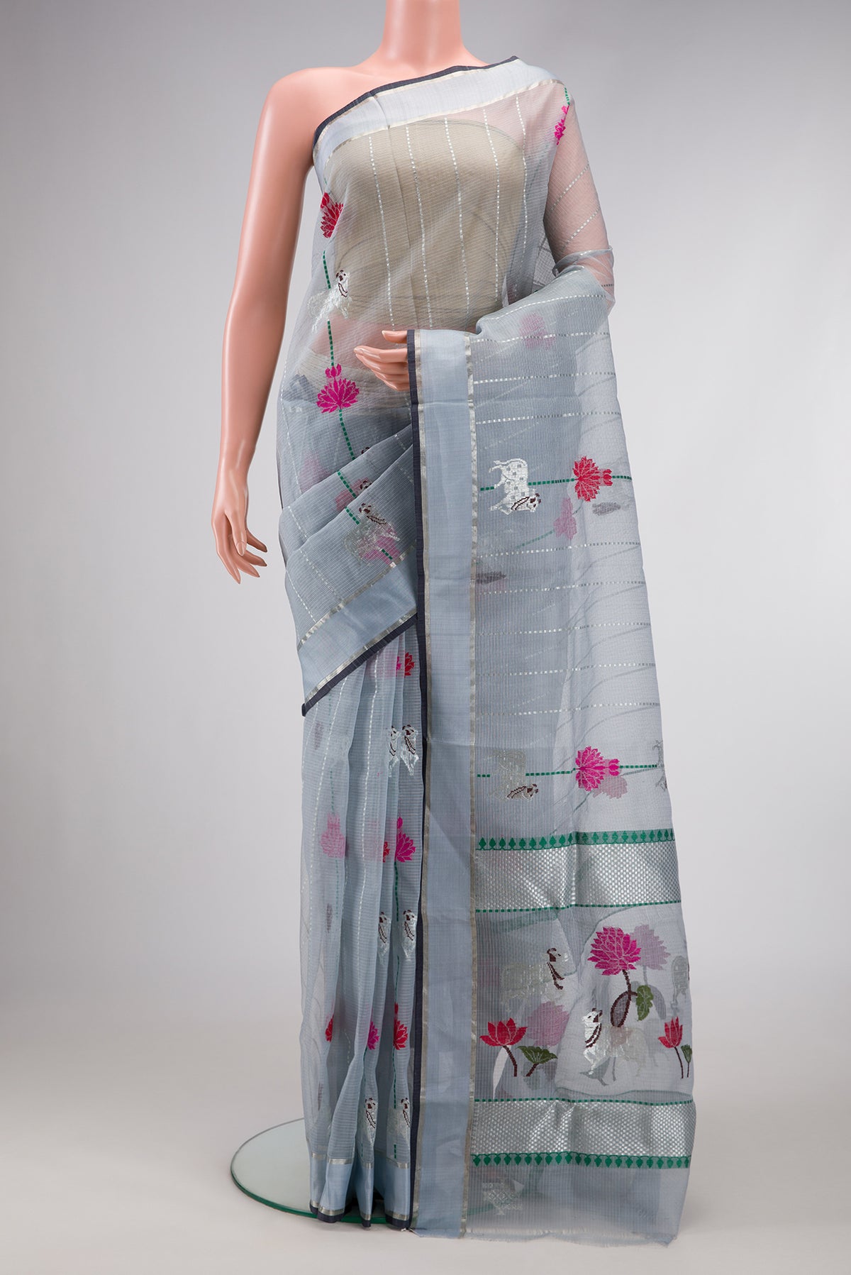 Grey Dual Tone Kota Silk Saree with Checked design on the body and Zari Border.  displayed on a mannequin