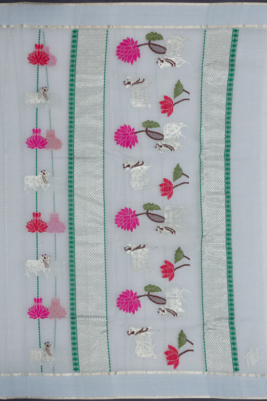 Close up image of the pallu of Grey Dual Tone Kota Silk Saree with Checked design on the body and Zari Border. 