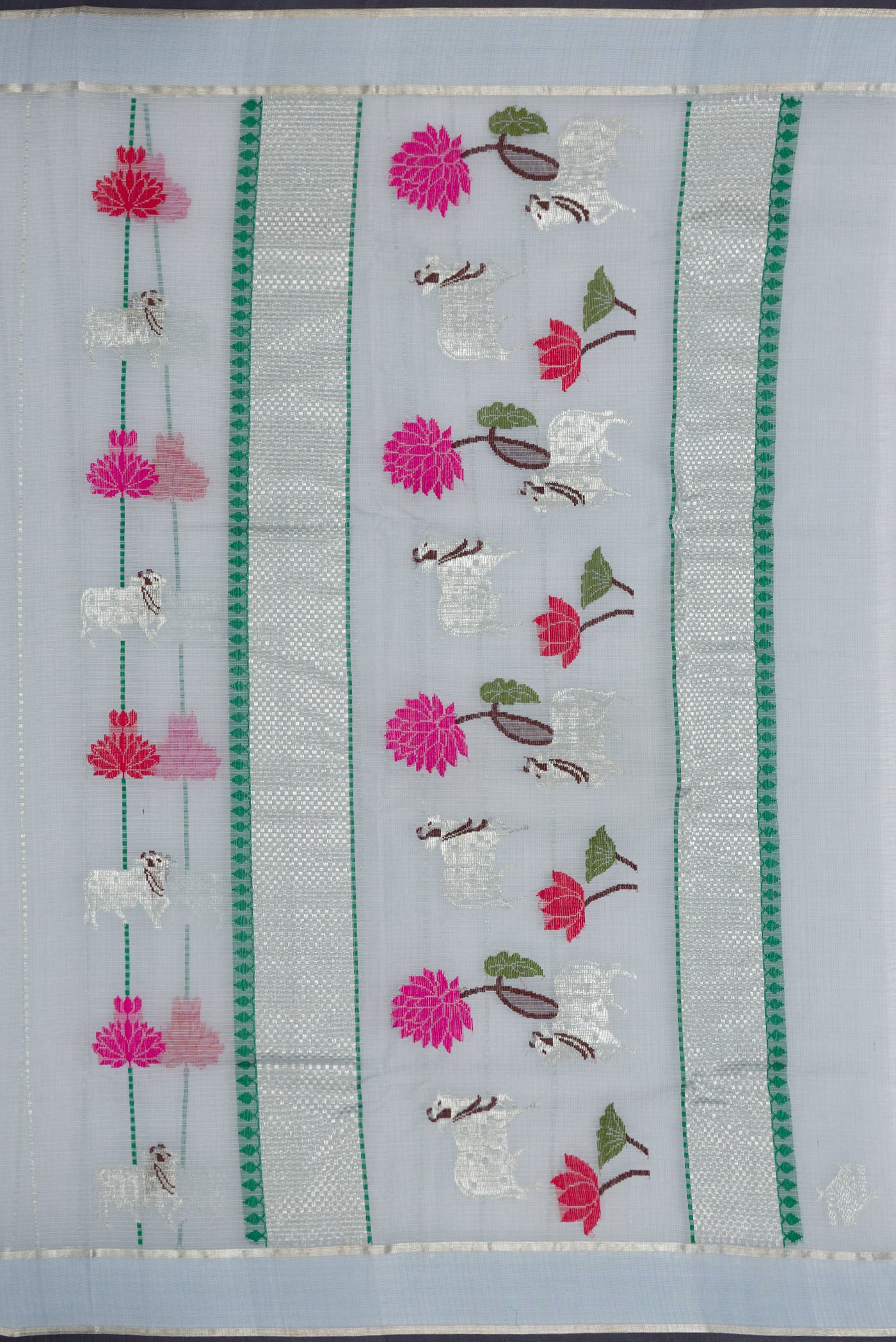 Close up image of the pallu of Grey Dual Tone Kota Silk Saree with Checked design on the body and Zari Border. 