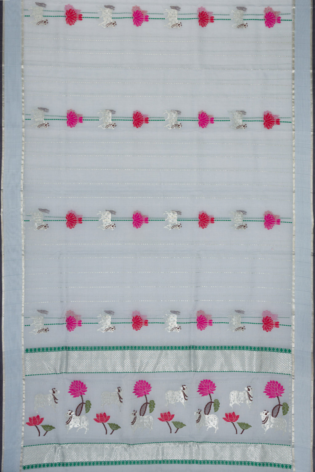 Flat view of Grey Dual Tone Kota Silk Saree with Checked design on the body and Zari Border. 