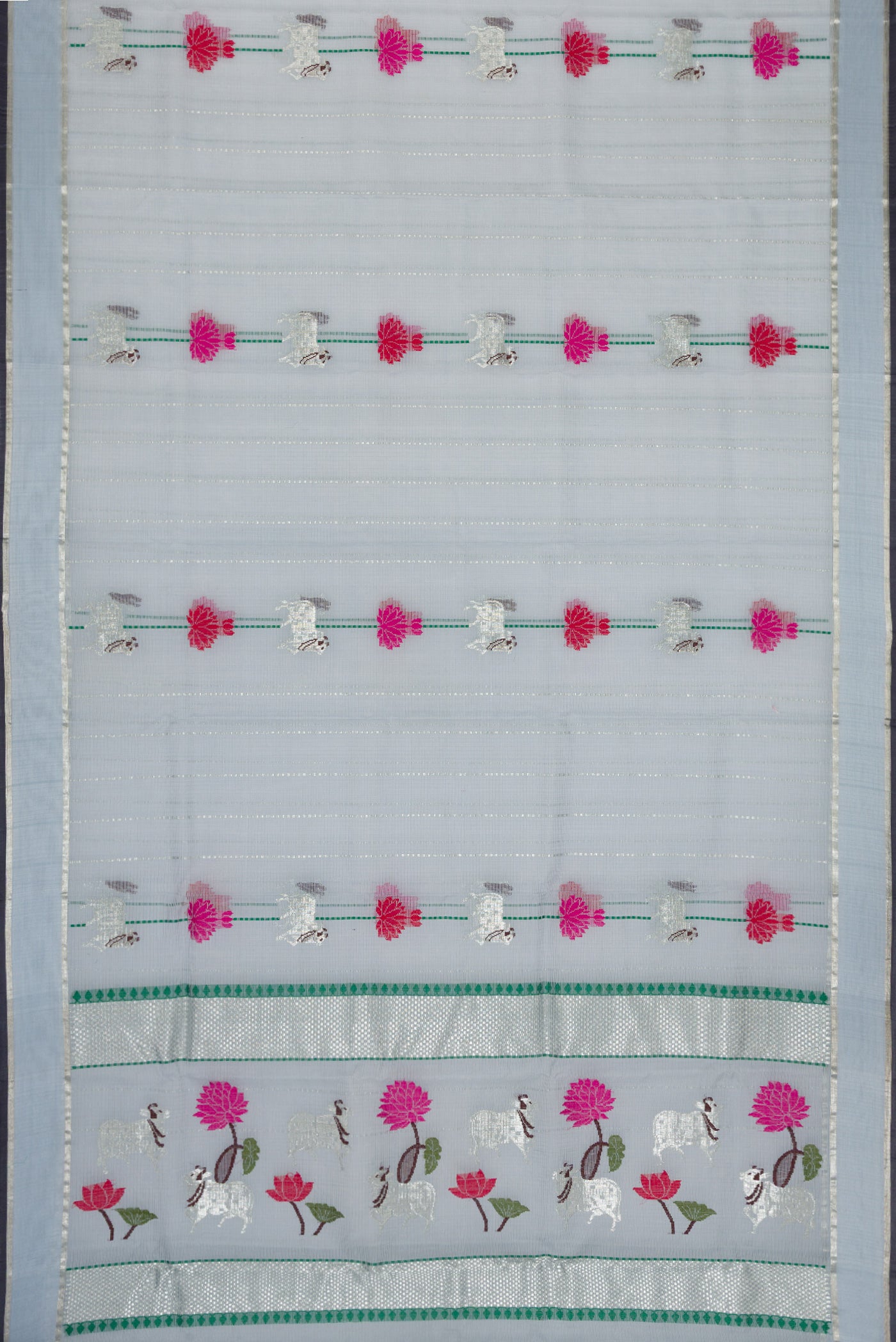 Flat view of Grey Dual Tone Kota Silk Saree with Checked design on the body and Zari Border. 