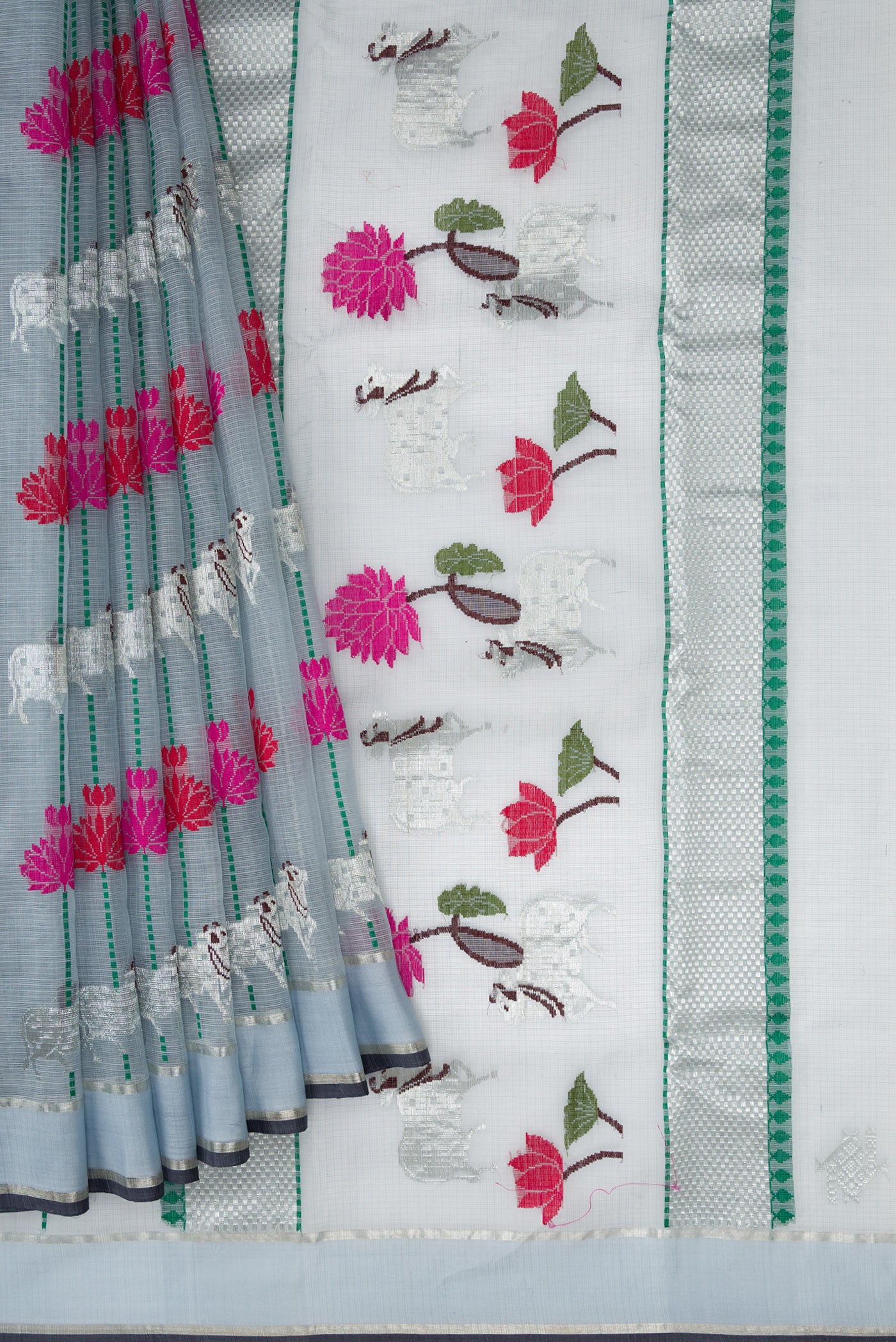 Pleats and pallu of Grey Dual Tone Kota Silk Saree with Checked design on the body and Zari Border. 